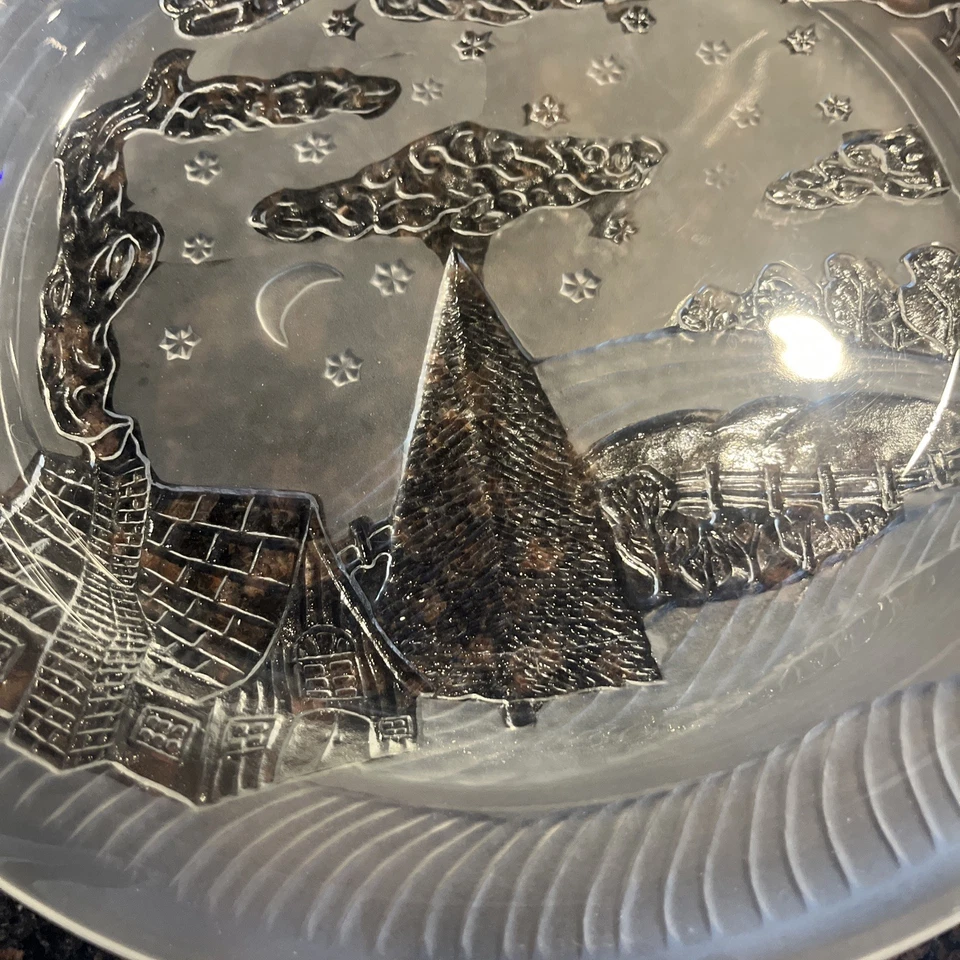 КРИСТАЛЬНО ПРОЗРАЧНЫЙ «Ночь перед Рождеством» 13» блюдо Санта сани оленей дома - Изображение 3 из 4