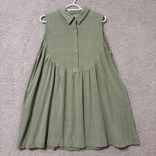 Linen Blend Sleeveless Babydoll Dress  Collared Flowy Pockets Sage Green L