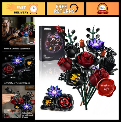 12Pcs Black Burgundy Red Rose Bouquet Building Set - Gothic Floral Decor for Hom