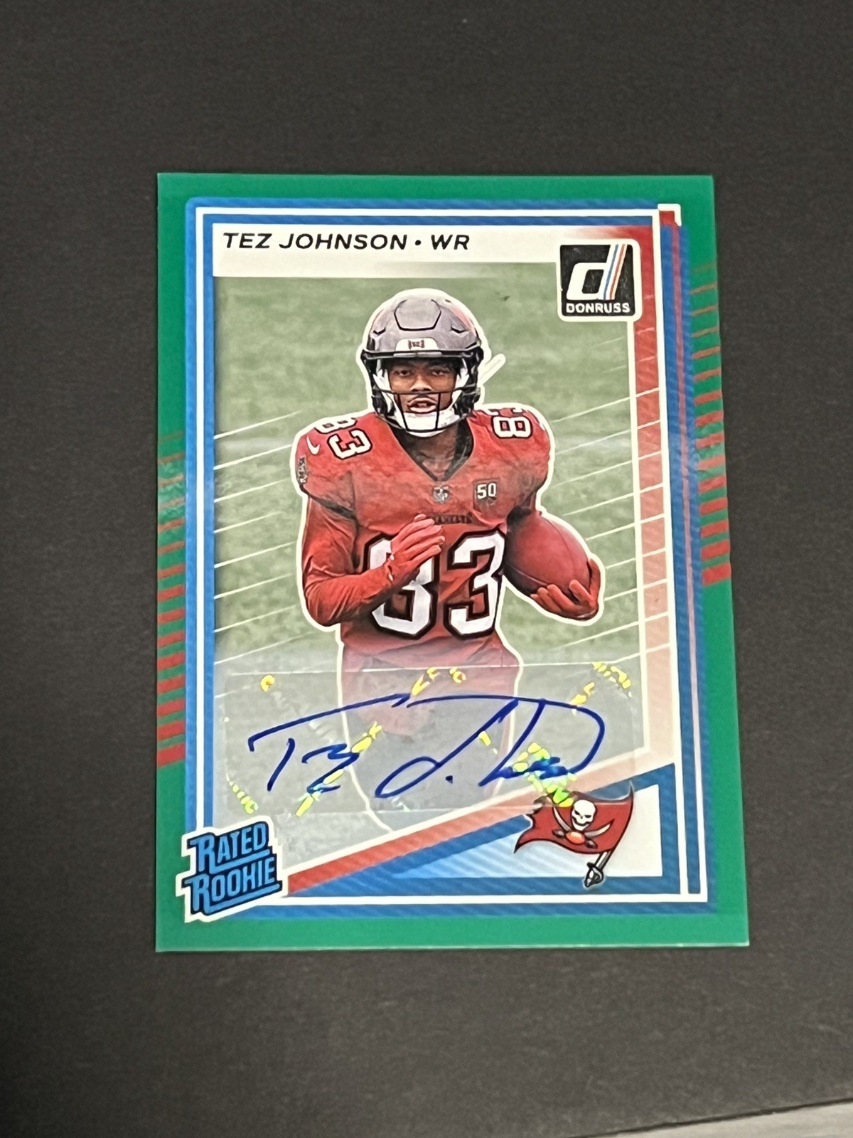 2025 Panini Donruss Rated Rookie Tez Johnson Green Auto #313 Buccaneers