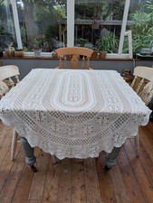 Vintage Handmade Spanish large Crochet white Tablecloth Oval 72x 48  1970’s