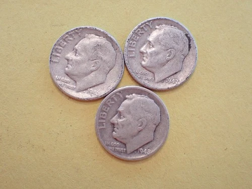 3  Roosevelt Dimes 90% Silver dated 1946D 1947D 1948D Good/VG Condition ROOS 004