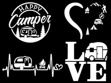 4 Pack Decals: Happy Camper, Camping Heartbeat, Heart Camping, Love Camper (Whit