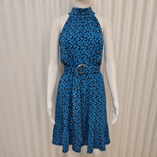 Michael Kors Women's Blue/Black A-line Belted Sleeveless Halter Dress Size S.