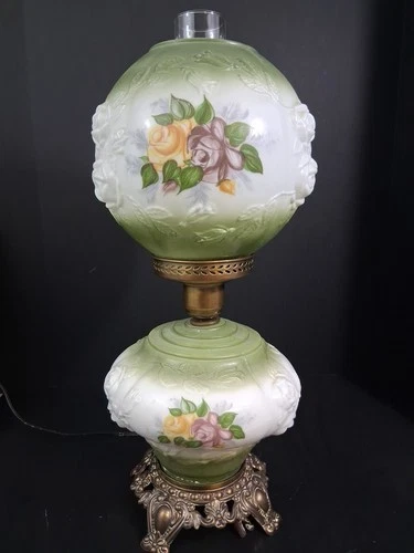 Vintage MCM Victorian Style Gwtw Green Orange Purple Milk Glass Lamp 19.5in Tall