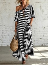 Loose Ruffle Striped Womens Black Dress Sizes S-XXL Free Shipping
