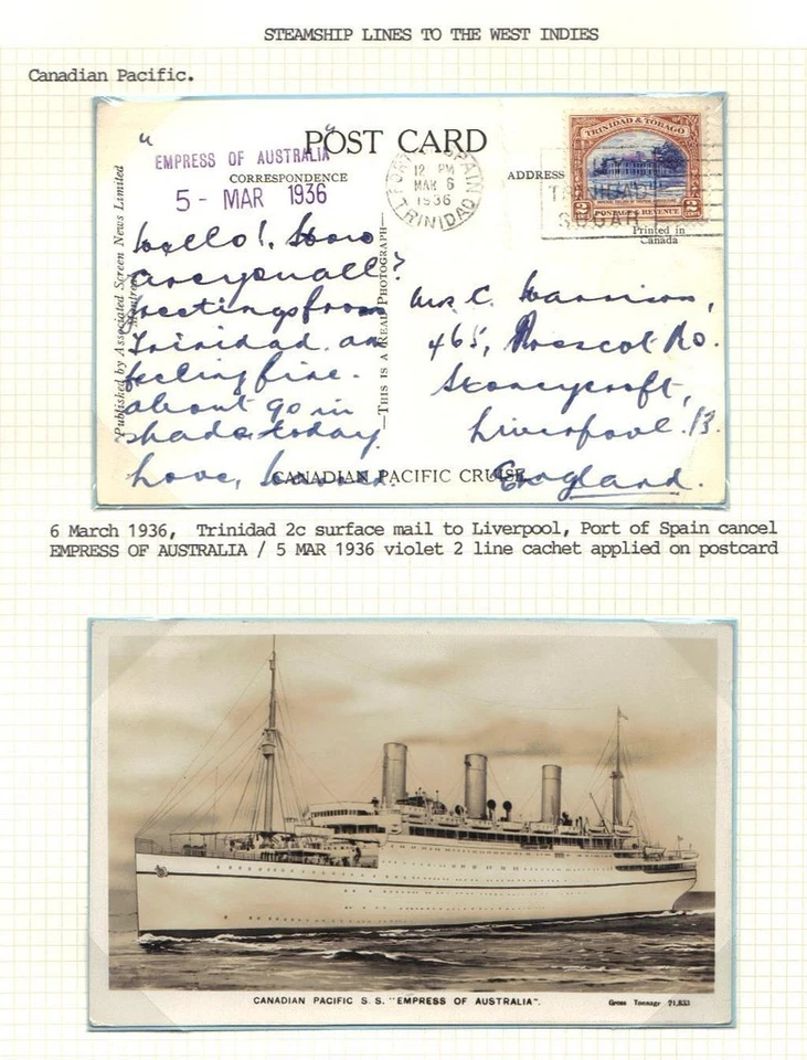 TRINIDAD & TOBAGO 1936 PUERTO ESPAÑA CANCELAR EN P.C. CORREO DE SUPERFICIE FRANQUEADO 2¢ A Foto 3 de 3