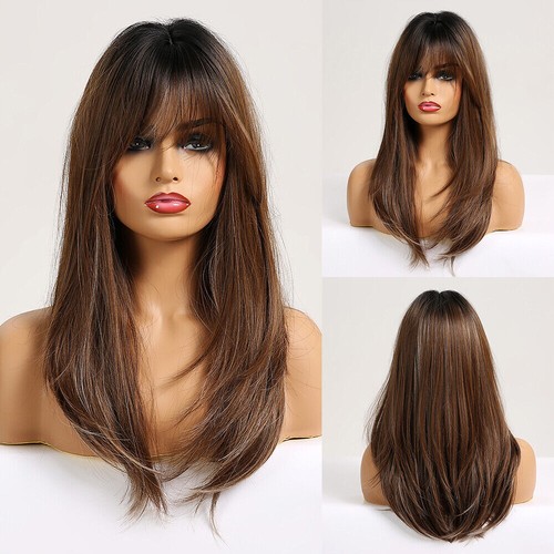Long Straight Brown Blonde Layered Hair Wigs with Bangs For Women Cosplay Daily - Picture 16 of 18