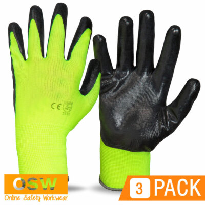 3 x Hi Vis Yellow/Black Poly Nitrile Ninja Style Oily Dry Wet Grip Work Gloves