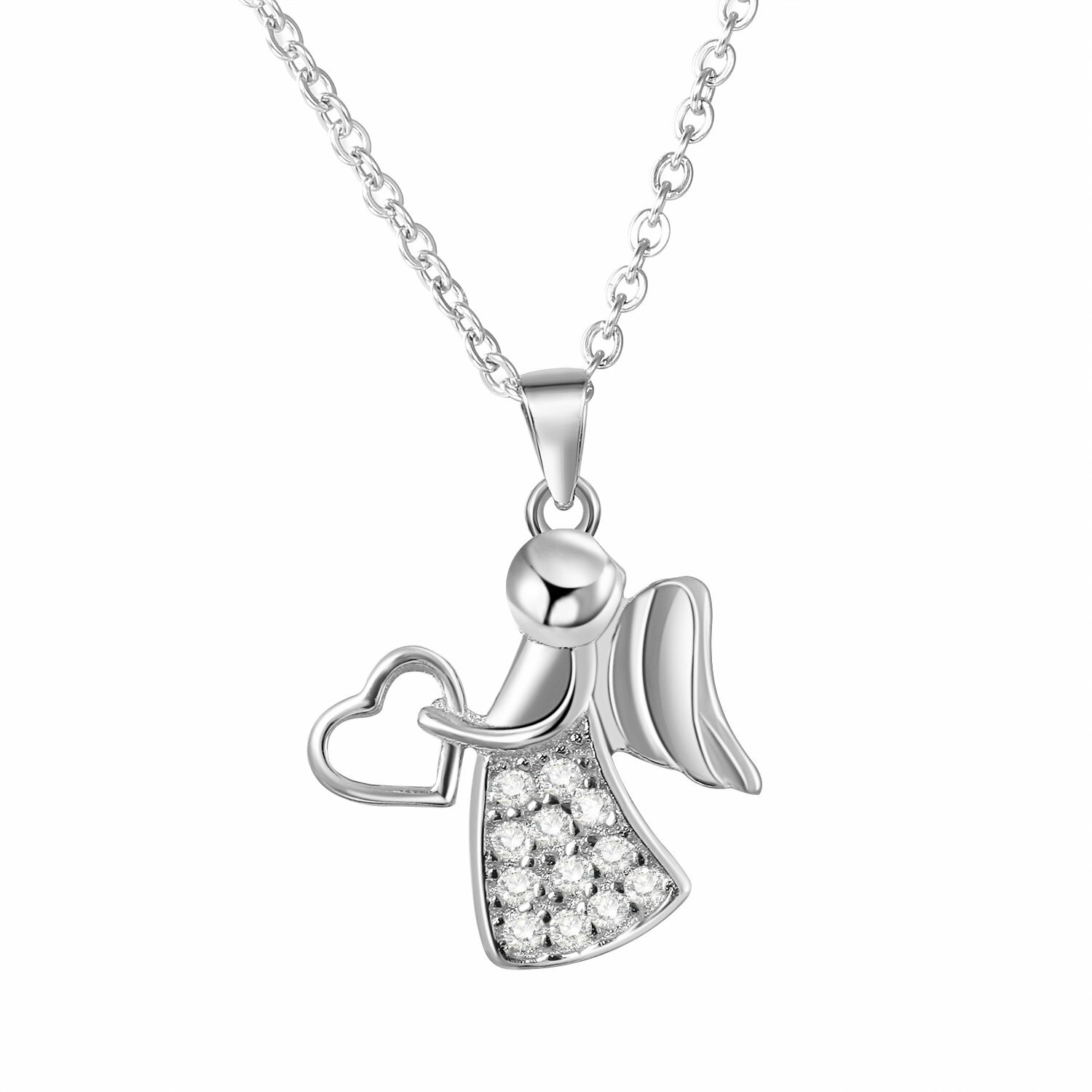 925 Sterling Silver CZ Angel Carrying Love Heart Pendant Necklace Chain
