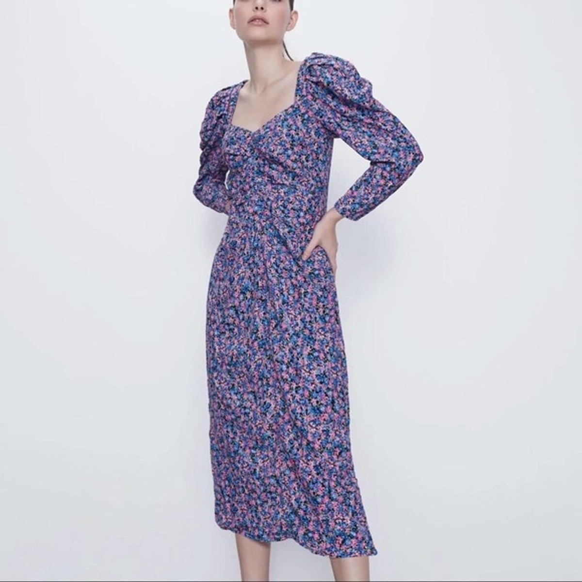 zara floral print ruched dress Warm Spring Floral Print Ruched Puff Sleeve Dress