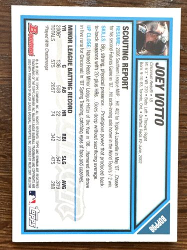 2007 Bowman GOLD Draft Picks And Prospects #BDPP98 Joey Votto (RC) π₯βΎπ₯ - Picture 9 of 9