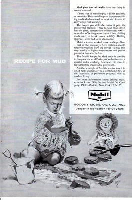 Vintage print ad Gas Oil 1957 Mobil Oil little girl Mud Pies and Oil Wells Doll