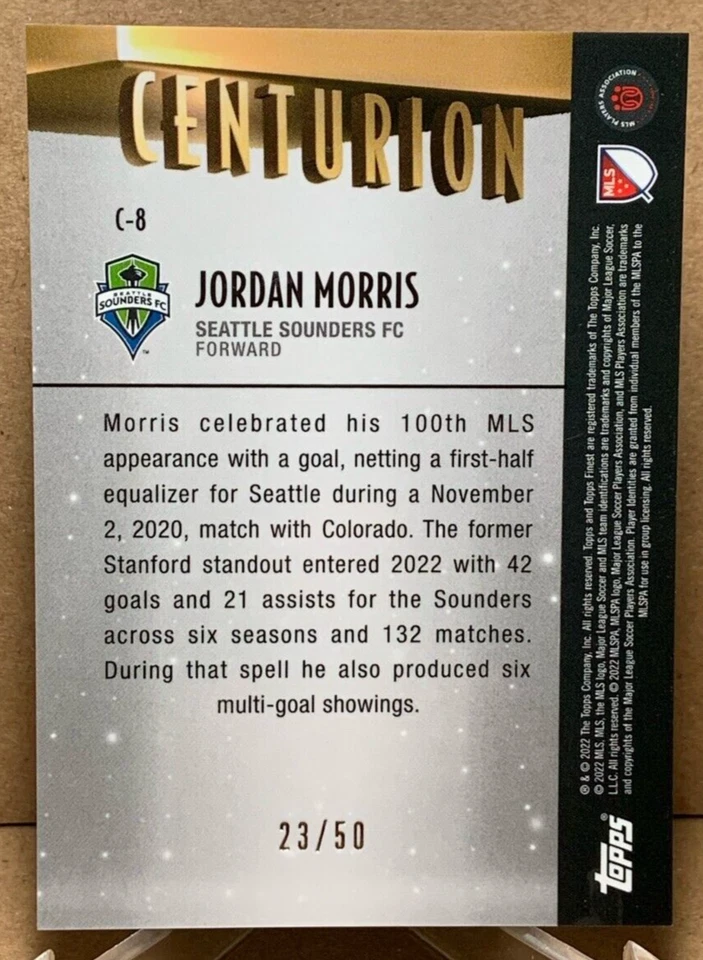 Jordan Morris 2022 Topps Finest MLS #C-8 Centurion Gold Refractors 23/50 - Image 2 of 2