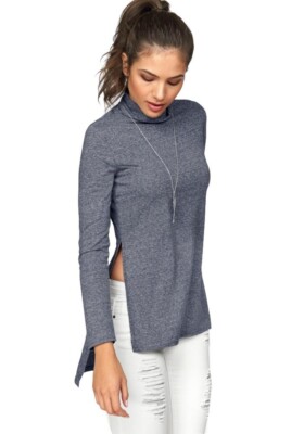 AJC Damen Rollkragen Langarmshirt Langarm Shirt Schlitz Navy Melange 38 L4050