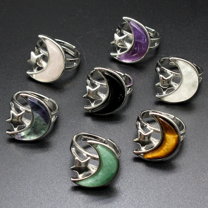 Open Crescent Moon Star Adjustable Ring Gemstone Finger Rings Party Jewelry Gift - Image 1 of 4