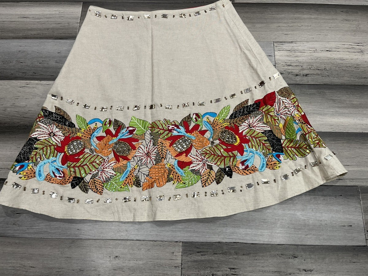 Basil & Maude Waist Size 34” Beaded Skirt Tan Floral Embroidery 