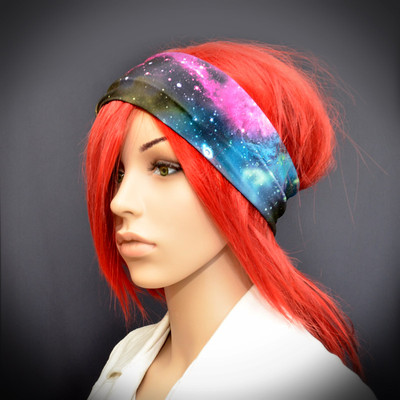Stretchy galaxy headband with colorful galaxy, stars, planets and space print