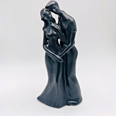 Loving Couple Embraced Black Ceramic Figure Sculpture Statue  10 1/2  Tall