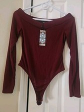 Boohoo Bodysuit Womens 6 Maroon One-Piece Long Sleeve Sweetheart Neck Snap Close