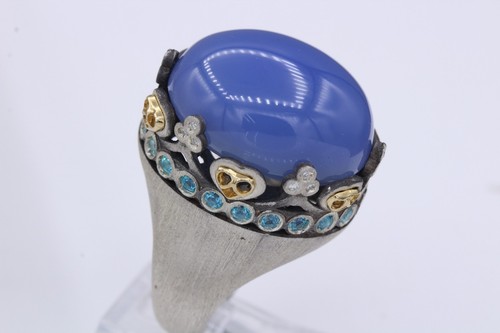 LARGE COCKTAIL RING CHALCEDONY BLUE RING STERLING SILVER & GOLD SIZE 7.5 - Picture 6 of 12