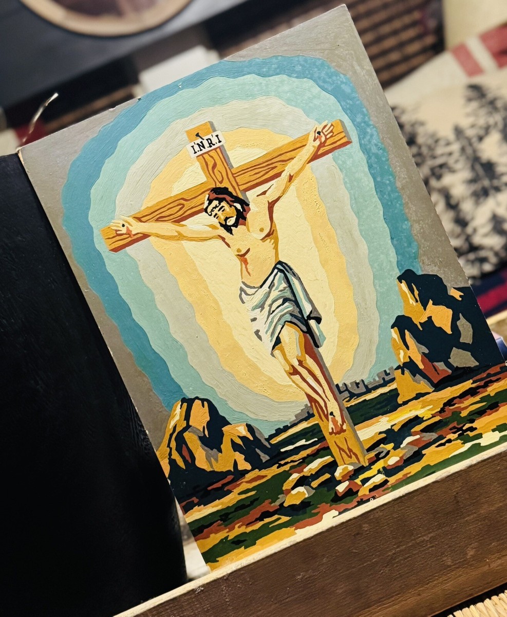 アンティーク雑貨 Original Oil Painting Christ on Cross Easter Oil