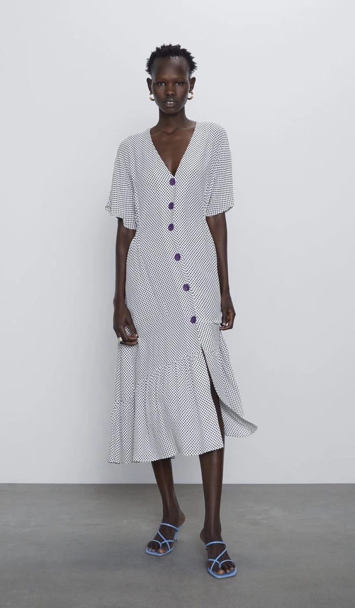 Zara Black White Polka Dot Buttoned Midi Dress Ruffle Hem Short Sleeve M Women