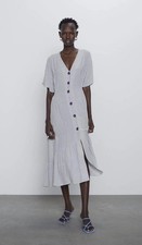 Zara Black White Polka Dot Buttoned Midi Dress Ruffle Hem Short Sleeve M Women