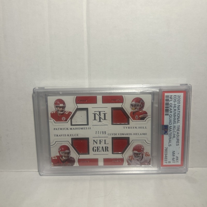 2020 National Treasures Quad Materials Mahomes Kelce Hill Helaire /99 Psa 8