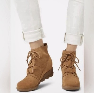 Sorel Evie Lace Up WP Camel-Brown Suede Hidden Wedge Ankle Boots Size 9