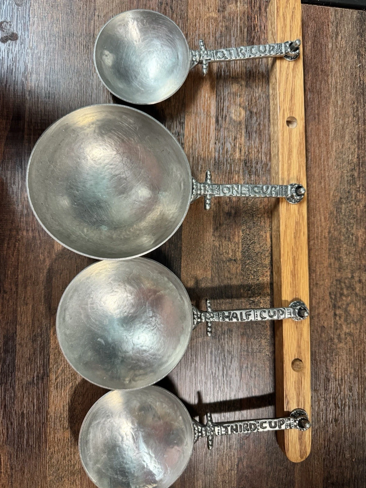 Tin Woodsman Handcrafted Celtic Design Pewter Measuring Cups with Wooden Hanger