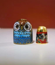 Vintage Chinese Cloisonné Owl + Mini Floral Thimble Enamel Hand Painted Lot 2 Pc