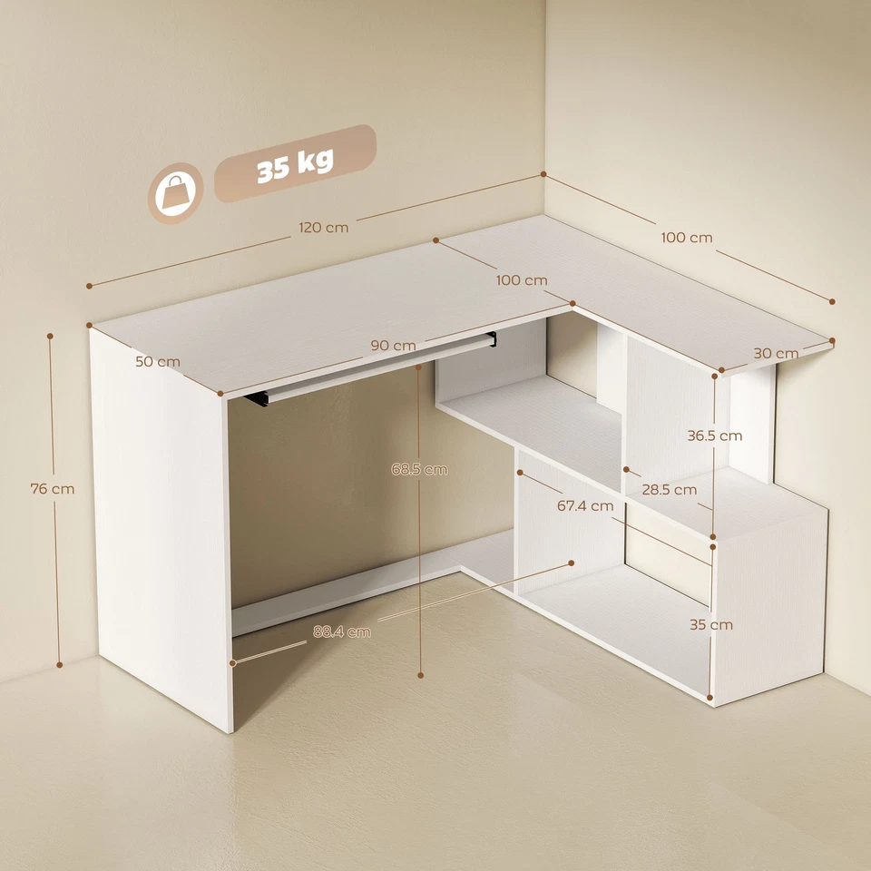 HOMCOM Scrivania Angolare con Ripiano Scorrevole per Tastiera e Scaffale Bianco - Immagine 4 di 4