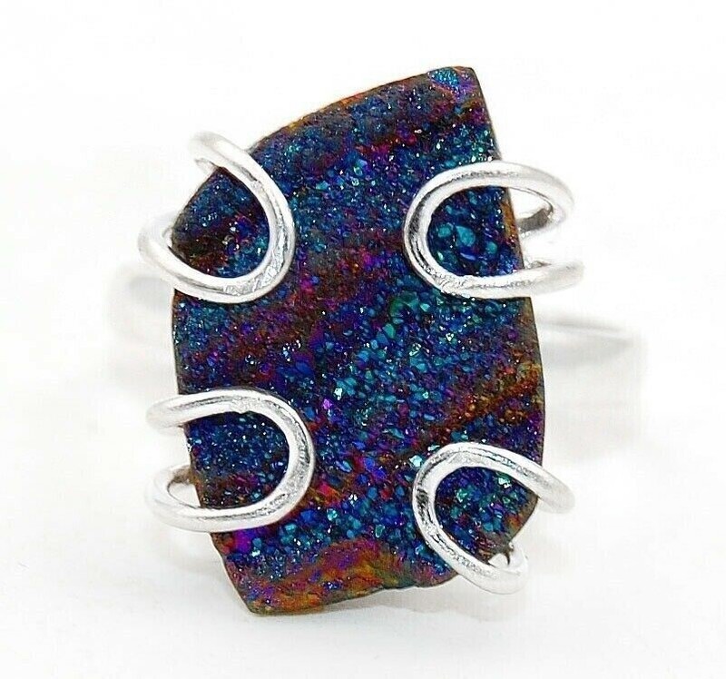 Natural Titanium Aura Druzy 925 Solid Sterling Silver Ring Sz 6.5,