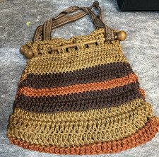 Vintage 70s Handmade Brown Crochet Boho Wooden Frame Shoulder Bag Purse