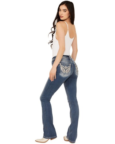 Miss Me Women's Medium Wash Mid Rise Wing Pocket Bootcut Stretch Denim Jeans -