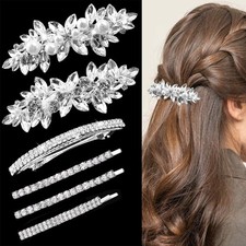 6 Pieces Crystal Bridal Hair Clips Rhinestone Leaf Barrette Shiny Wedding Hai...