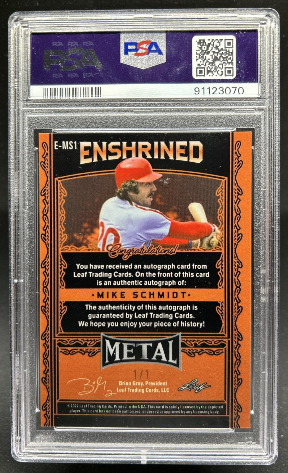 2022 Leaf Metal Mike Schmidt Enshrined Auto Autograph Silver Wave #1/1 PSA 9 view 2