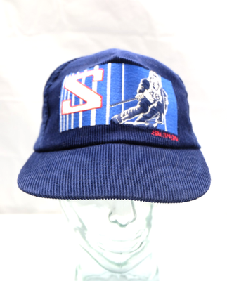 SALOMON 1980's Corduroy Blue Skiing Snap Back Cap Hat Embroidered
