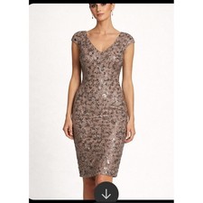 Alex Evenings Embellished Sequin V Neck Cap Sleeve Cocktail Dress Mocha Size 10