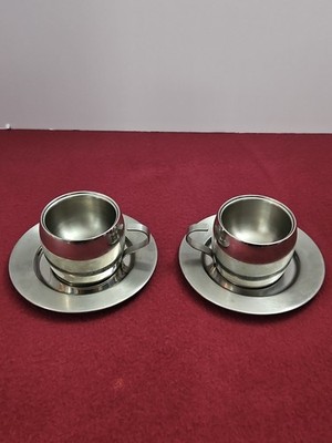 Vtg Tramontina espresso cups & saucers 18/8 saintless steel. Set Of 2.  Brazil
