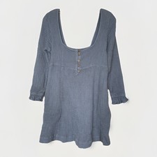 Free People Blue Waffle Knit Babydoll Mini Dress Boho Cottagecore Womens Small