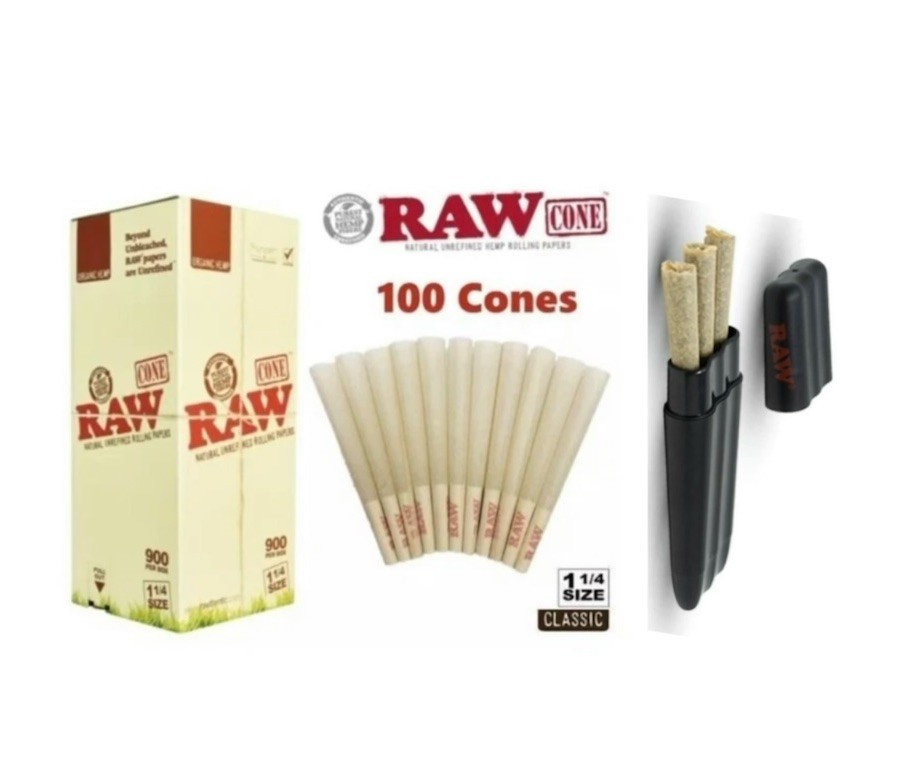 RAW ORGANIC 1 1/4 size pre rolled cone AUTHENTIC + Raw Three Tree Cone Case