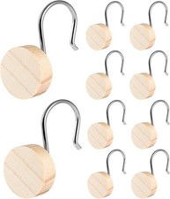Wood Shower Curtain Hooks with Silvery Metal Rings, Set of 12 Decorative