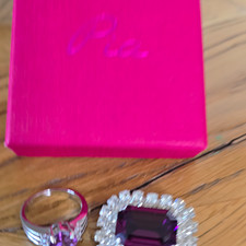 Silver Purple Crystal Halo Cocktail Ring Size O Emerald Cut Rectangle Signed