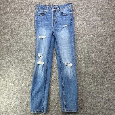 No Boundaries Straight Jeans Women's 7 Blue Denim Distressed Button Fly - 28X28
