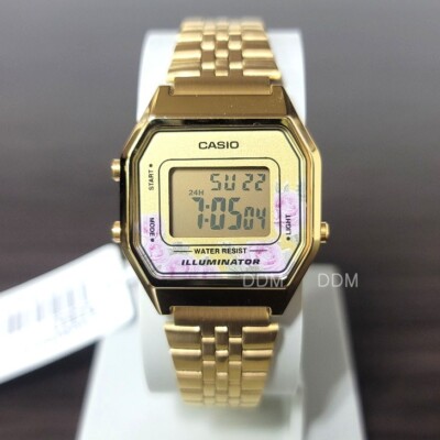 CASIO LA-680WGA-4C Women Gold Tone Digital Watch Mid-Size Floral