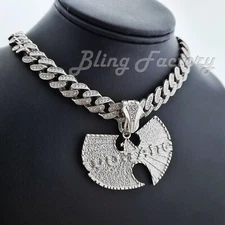 Wu Tang Pendant & 16" 18" 20" 24" Iced Cuban Chain Silver Tone Hip Hop Necklace