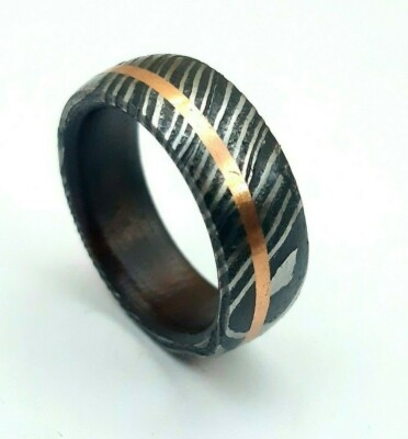 Damascus Steel Ring Deep Pattern Damascus Steel Wood Mens Wedding Band 