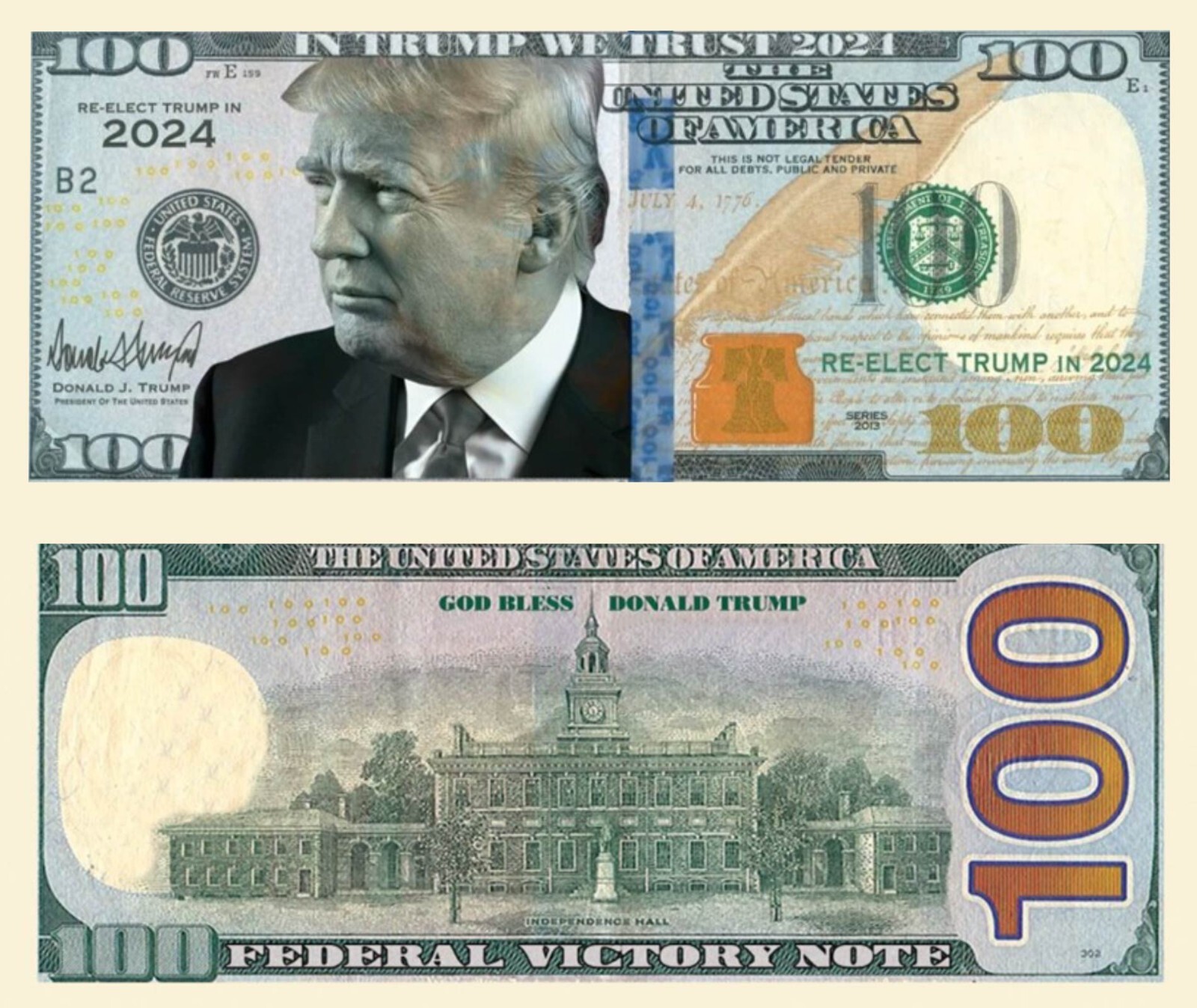 OUR PRESIDENT DONALD TRUMP VICTORY 100 DOLLAR NOVELTY NOTE (2 EA)